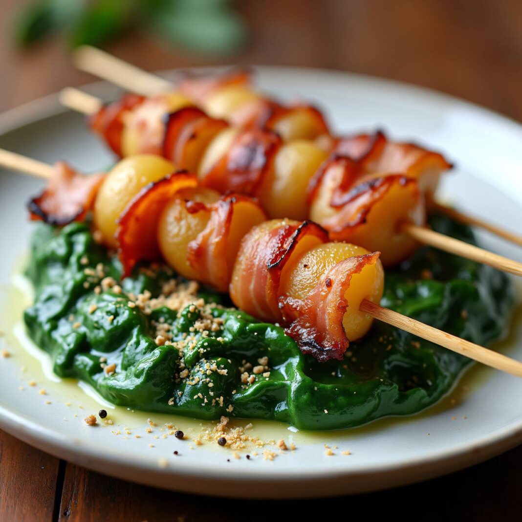 Kartoffel-Speck-Spieße auf Spinat Rezept Kartoffel-Speck-Spieße auf Spinat Rezept