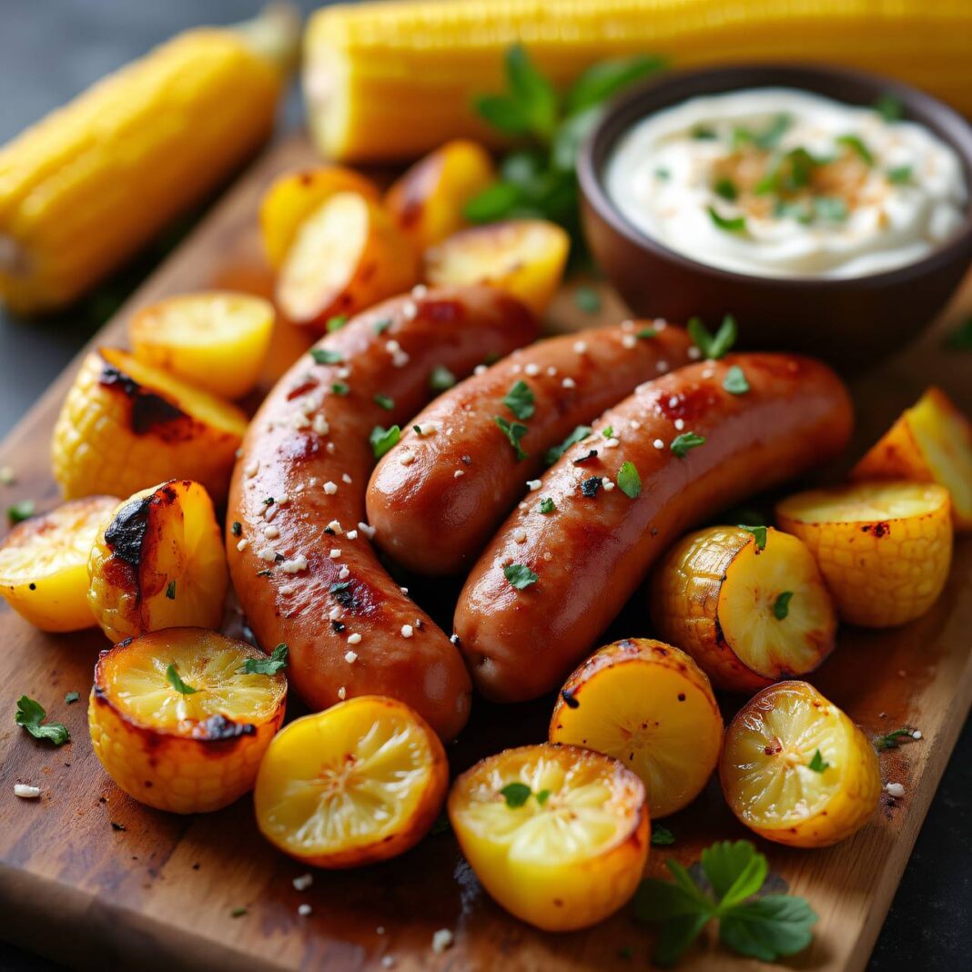 Kartoffel-Wurst-Blech mit Maiskolben Rezept Kartoffel-Wurst-Blech mit Maiskolben Rezept