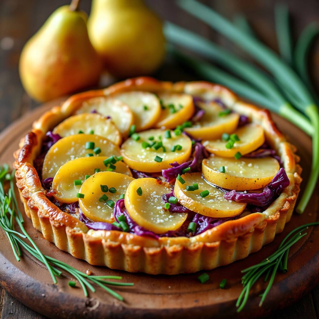 Kartoffelblechkuchen mit Lauch, Rotkohl und Birnen Rezept Kartoffelblechkuchen mit Lauch, Rotkohl und Birnen Rezept