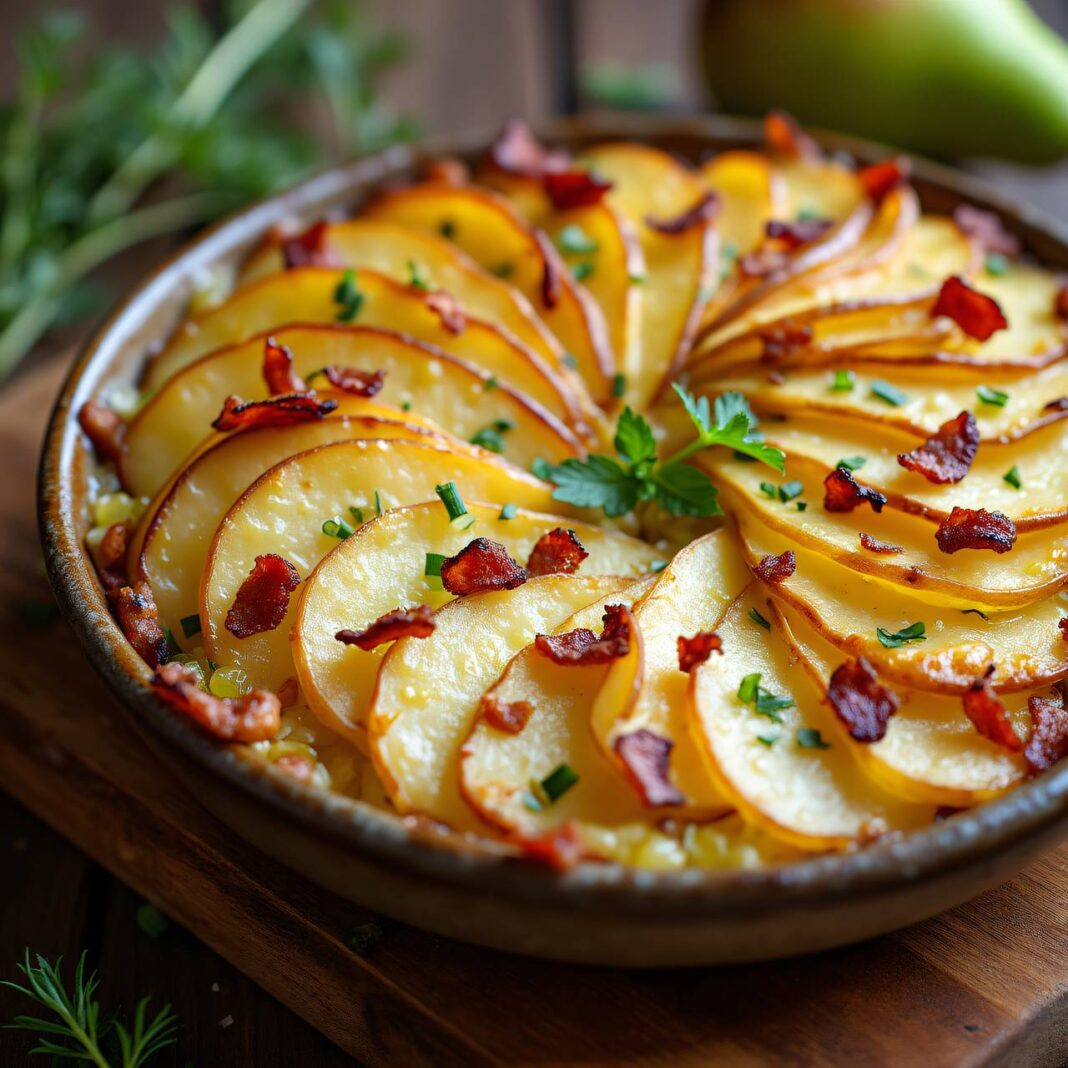 Kartoffelgratin mit Birnen, Lauch und Speck Rezept Kartoffelgratin mit Birnen, Lauch und Speck Rezept