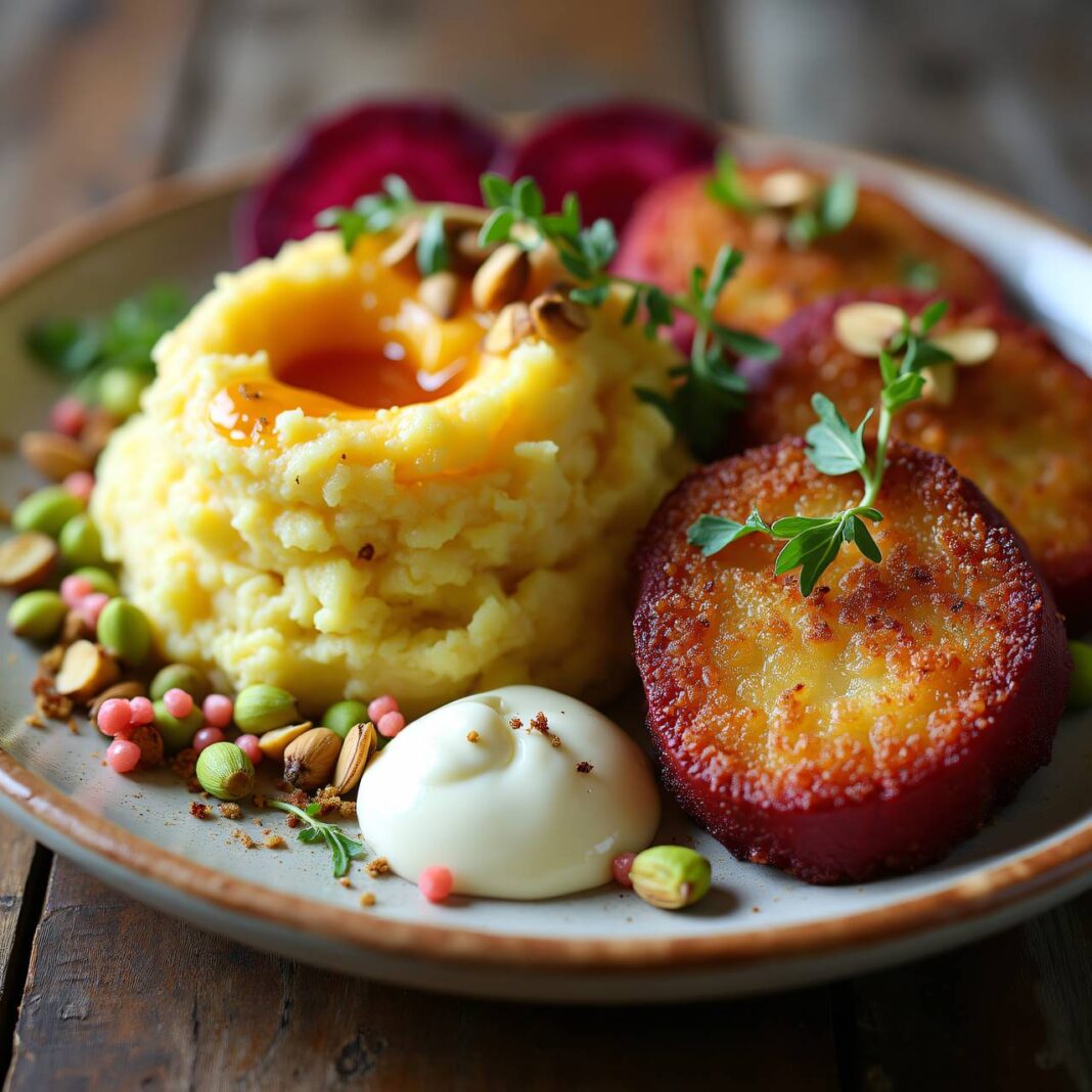 Kartoffelpüree mit Sellerie- und Rote-Bete-Schnitzeln Rezept Kartoffelpüree mit Sellerie- und Rote-Bete-Schnitzeln Rezept