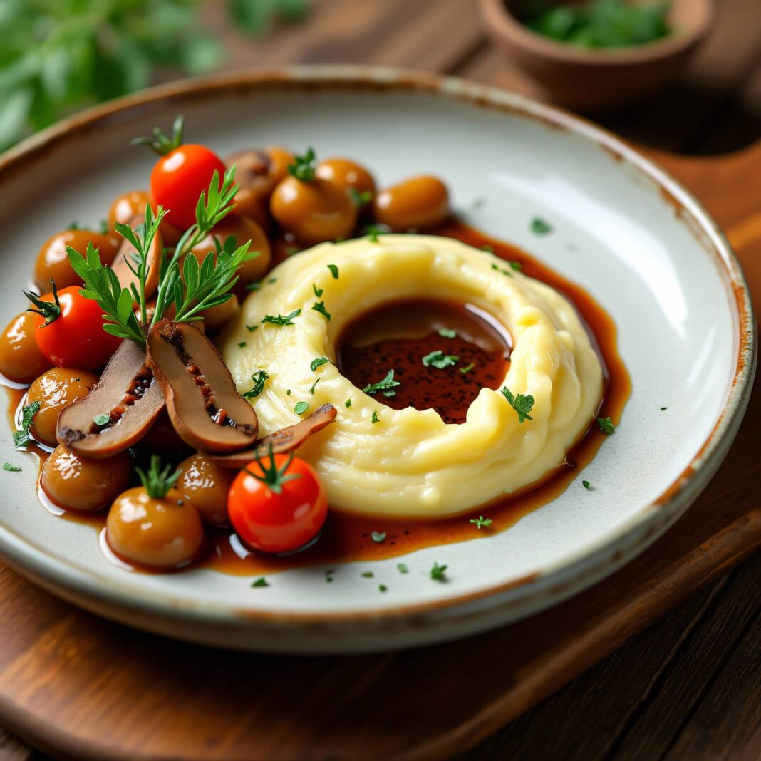 Kartoffelpüree mit Steinpilzsauce und getrockneten Bohnen Rezept Kartoffelpüree mit Steinpilzsauce und getrockneten Bohnen Rezept