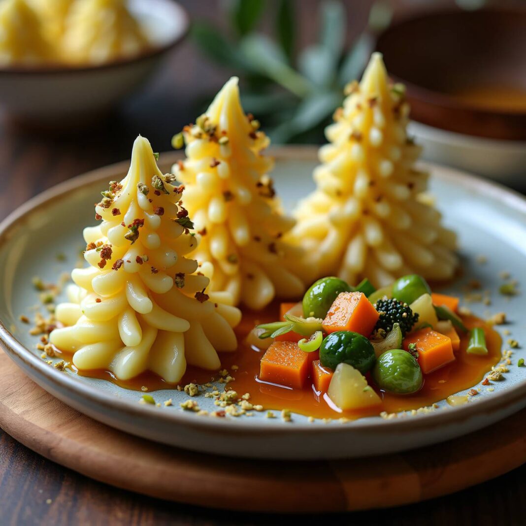 Kartoffelpüreebäumchen mit Gemüseragout Rezept Kartoffelpüreebäumchen mit Gemüseragout Rezept