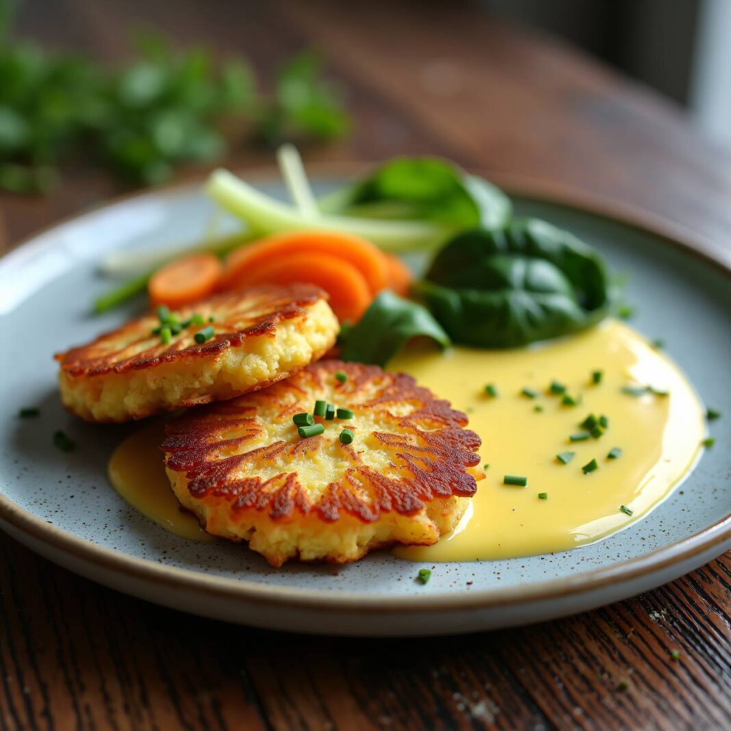 Kartoffelpuffer mit Gemüse-Quark-Sauce Rezept Kartoffelpuffer mit Gemüse-Quark-Sauce Rezept