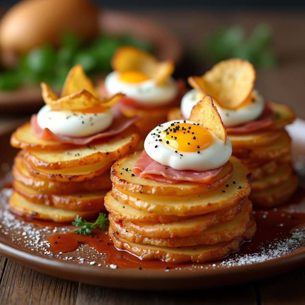 Kartoffeltürmchen mit Käse-Chips und pochiertem Ei Rezept Kartoffeltürmchen mit Käse-Chips und pochiertem Ei Rezept