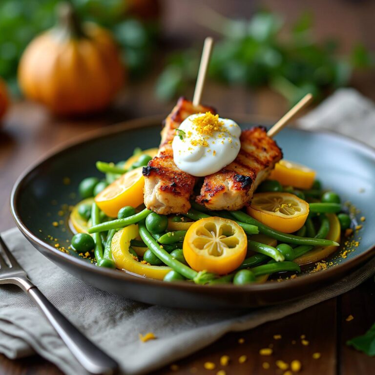 Kefen-Zucchini-Gemüse mit Hühnerspießchen Rezept