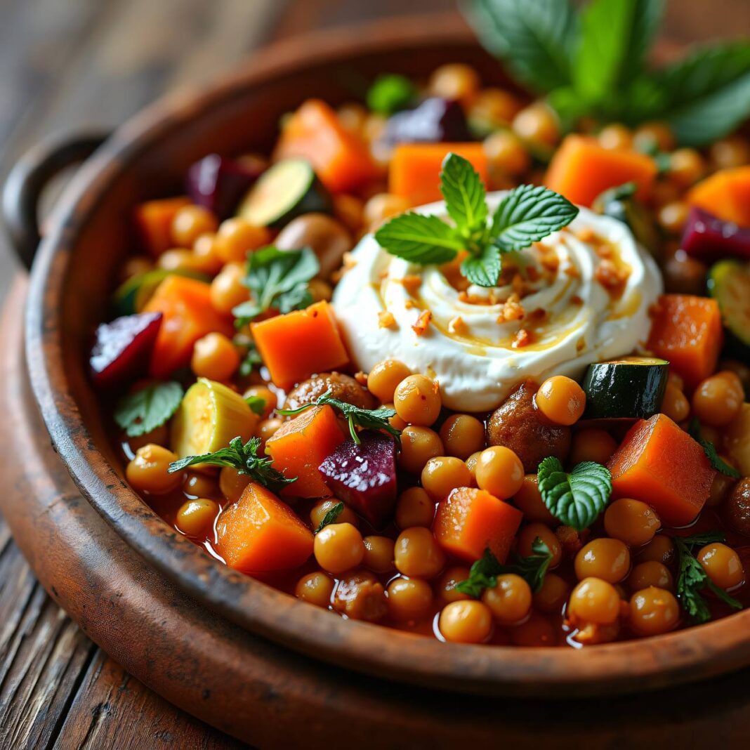 Kichererbsen-Tajine mit Dörraprikosen-Labneh Rezept Kichererbsen-Tajine mit Dörraprikosen-Labneh Rezept