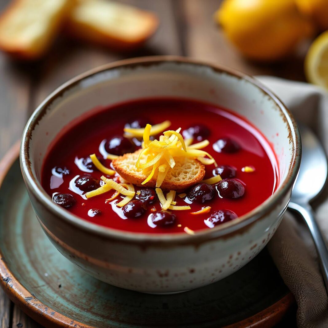 Kirschensuppe mit Zitronen-Croûtons Rezept Kirschensuppe mit Zitronen-Croûtons Rezept