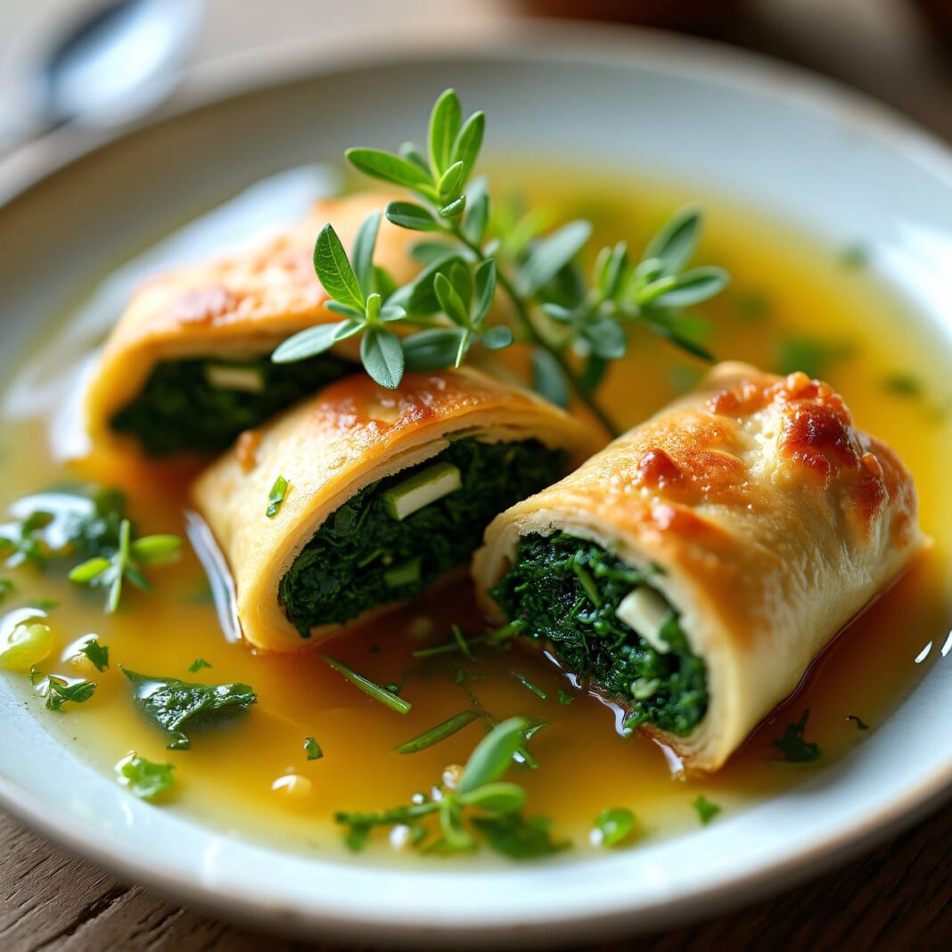 Klare Bouillon mit Frühlingsgemüse-Geisskäse-Strudel Rezept Klare Bouillon mit Frühlingsgemüse-Geisskäse-Strudel Rezept