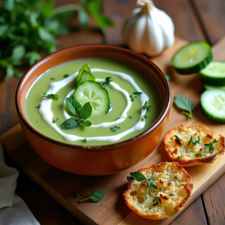 Knoblauch Gurken Suppe mit Kräuter-Knusperli Rezept