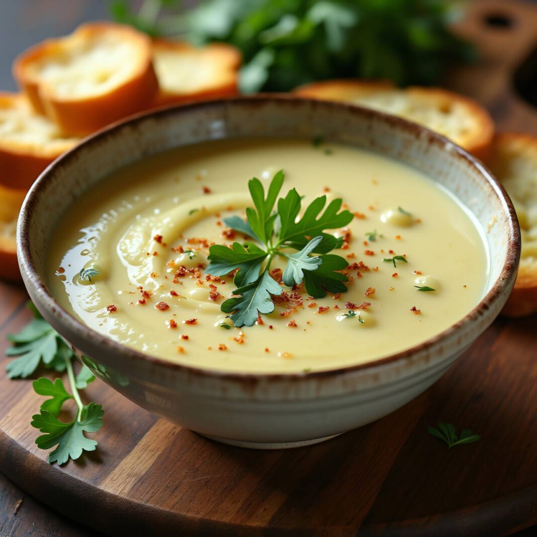 Knoblauchcremesuppe mit Kerbel zu Camembert-Toast Rezept Knoblauchcremesuppe mit Kerbel zu Camembert-Toast Rezept