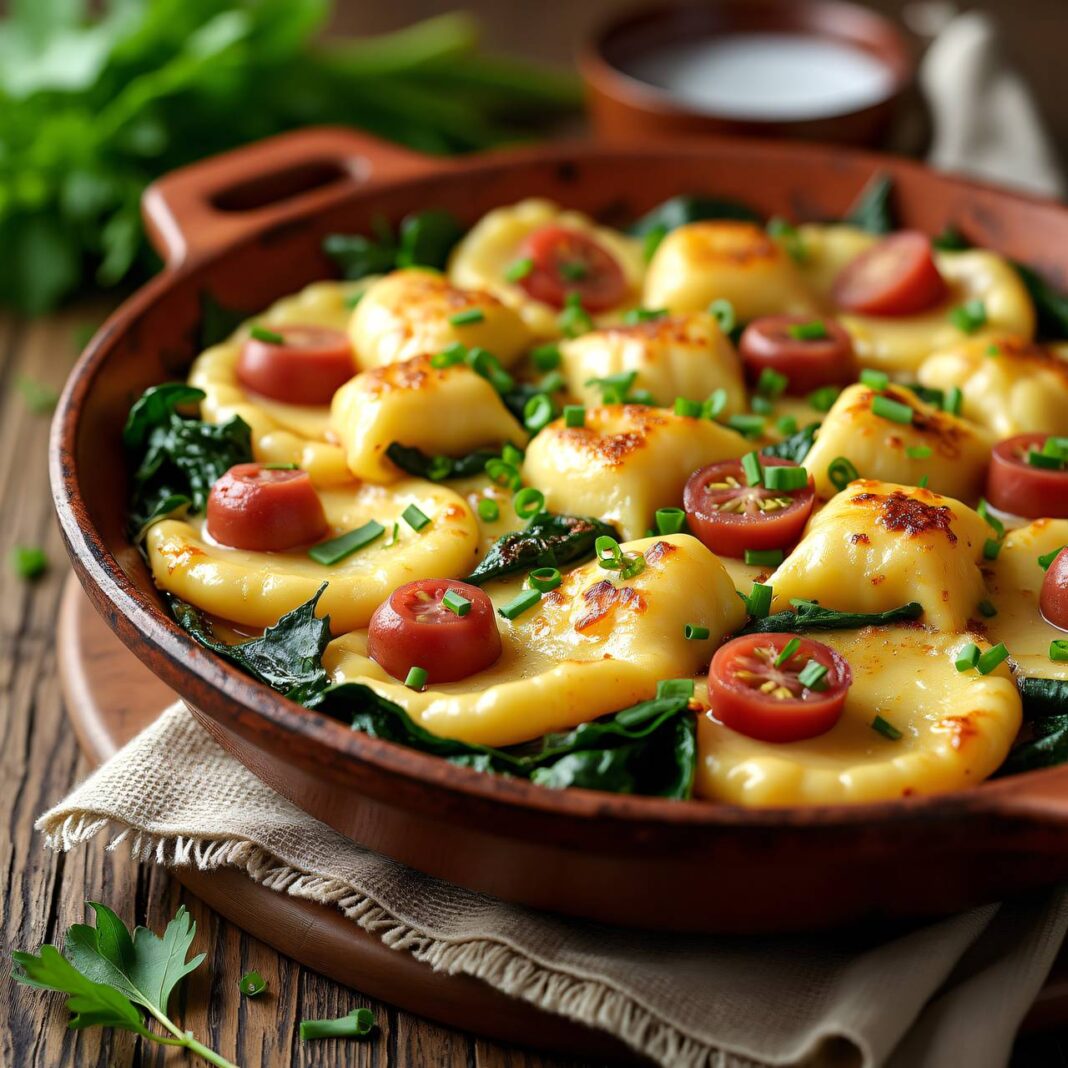Knöpfli-Gratin mit Mangold und Würstchen Rezept Knöpfli-Gratin mit Mangold und Würstchen Rezept