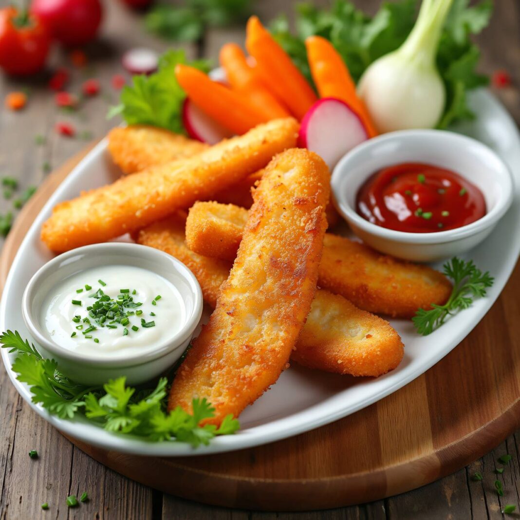 Knusperfisch mit Gemüsefiguren und Dipsaucen Rezept Knusperfisch mit Gemüsefiguren und Dipsaucen Rezept