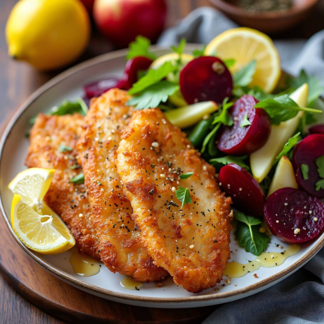 Knusperfische mit Rote Bete-Apfel-Salat Rezept Knusperfische mit Rote Bete-Apfel-Salat Rezept