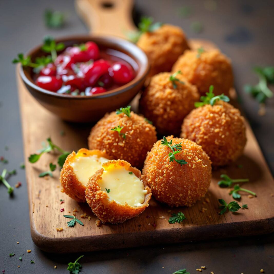 Knusprige Käsekugeln mit Rhabarberchutney Rezept Knusprige Käsekugeln mit Rhabarberchutney Rezept