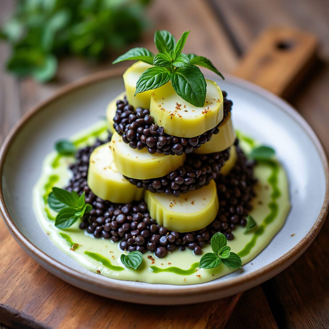 Kohlrabi-Linsen-Türmchen mit Kräuterrahmsauce Rezept Kohlrabi-Linsen-Türmchen mit Kräuterrahmsauce Rezept