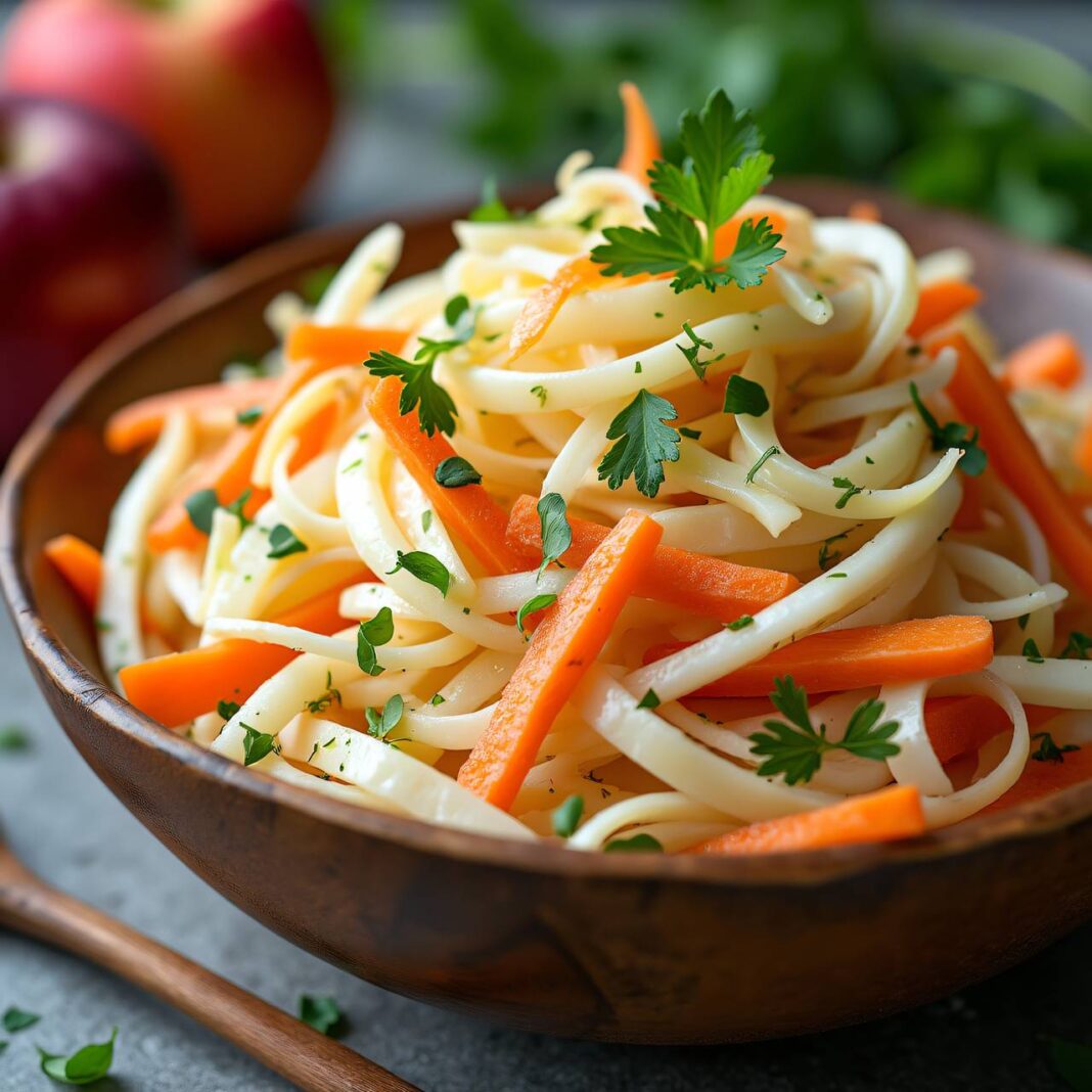 Kohlrabisalat mit Apfel und Karotten (Low Carb) Rezept Kohlrabisalat mit Apfel und Karotten (Low Carb) Rezept