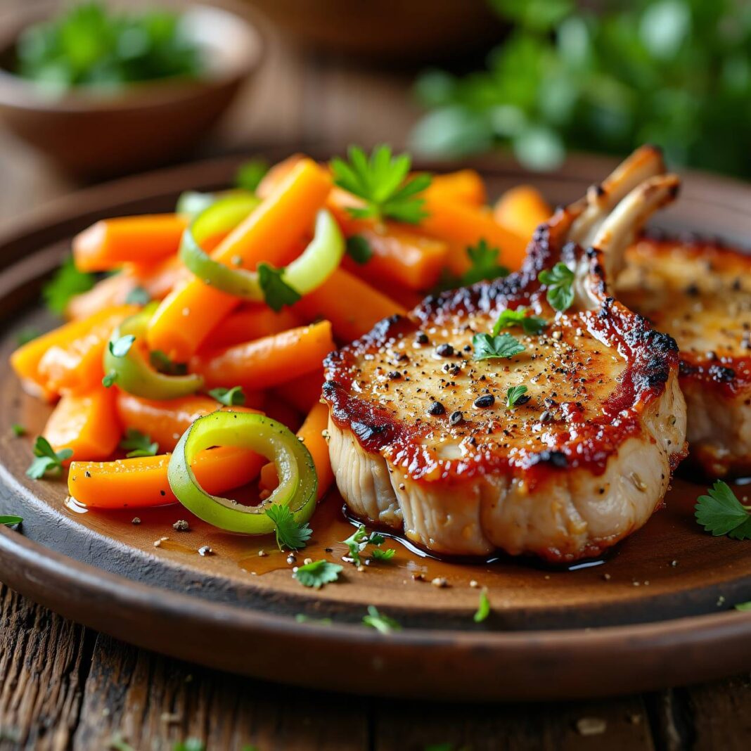 Koteletts auf Karotten-Aprikosen-Gemüse Rezept Koteletts auf Karotten-Aprikosen-Gemüse Rezept