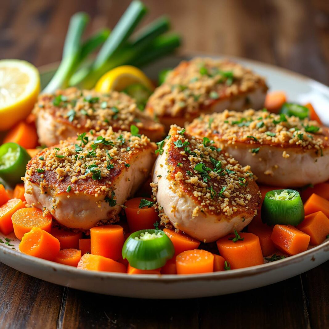 Koteletts mit Kräuterbröseln auf Karotten Rezept Koteletts mit Kräuterbröseln auf Karotten Rezept