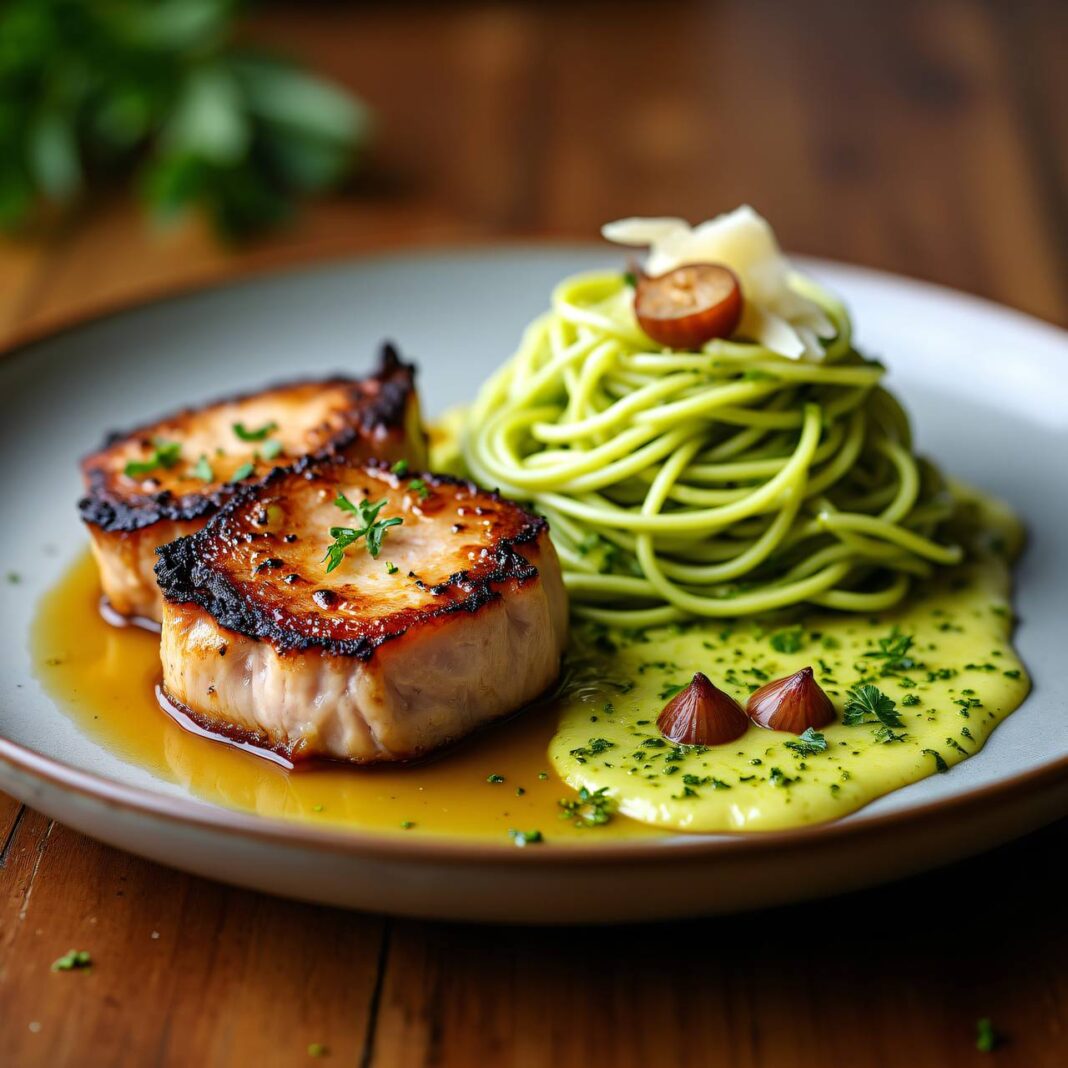 Koteletts mit Nudeln und Zwiebel-Pesto Rezept Koteletts mit Nudeln und Zwiebel-Pesto Rezept