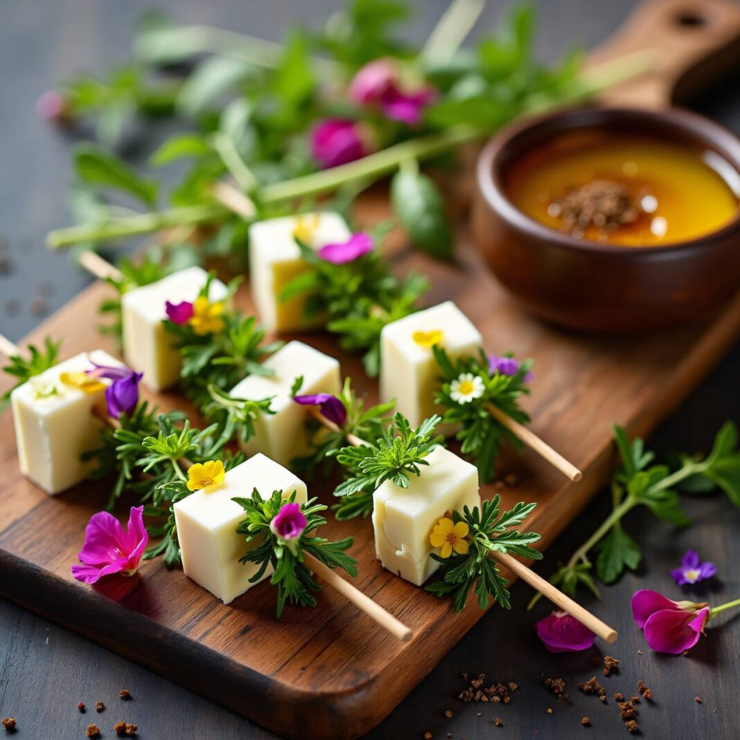 Kräuter-Brie-Spieße mit Pfeffer-Honig Rezept Kräuter-Brie-Spieße mit Pfeffer-Honig Rezept