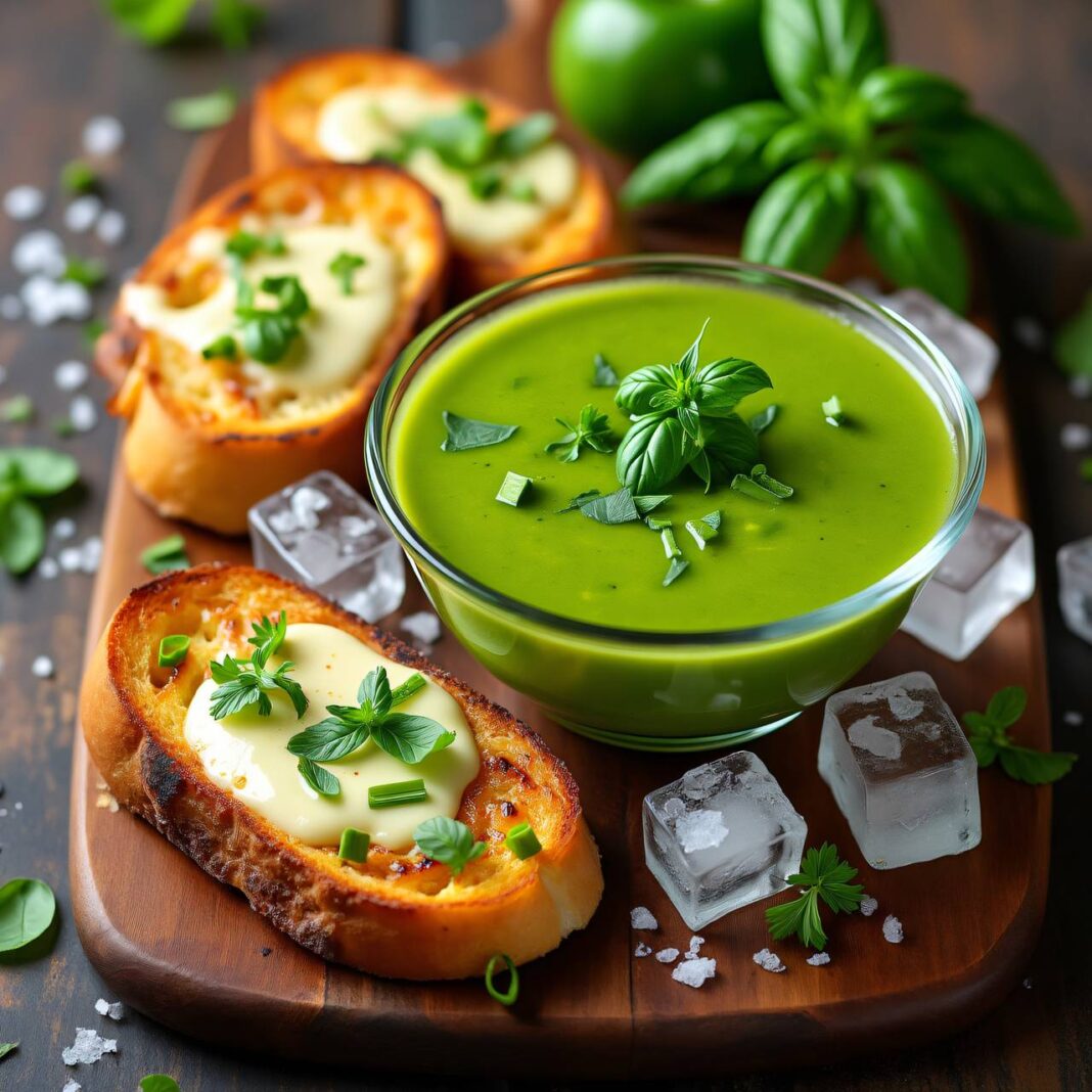 Kräuter-Gazpacho mit Käse-Toasts Rezept Kräuter-Gazpacho mit Käse-Toasts Rezept