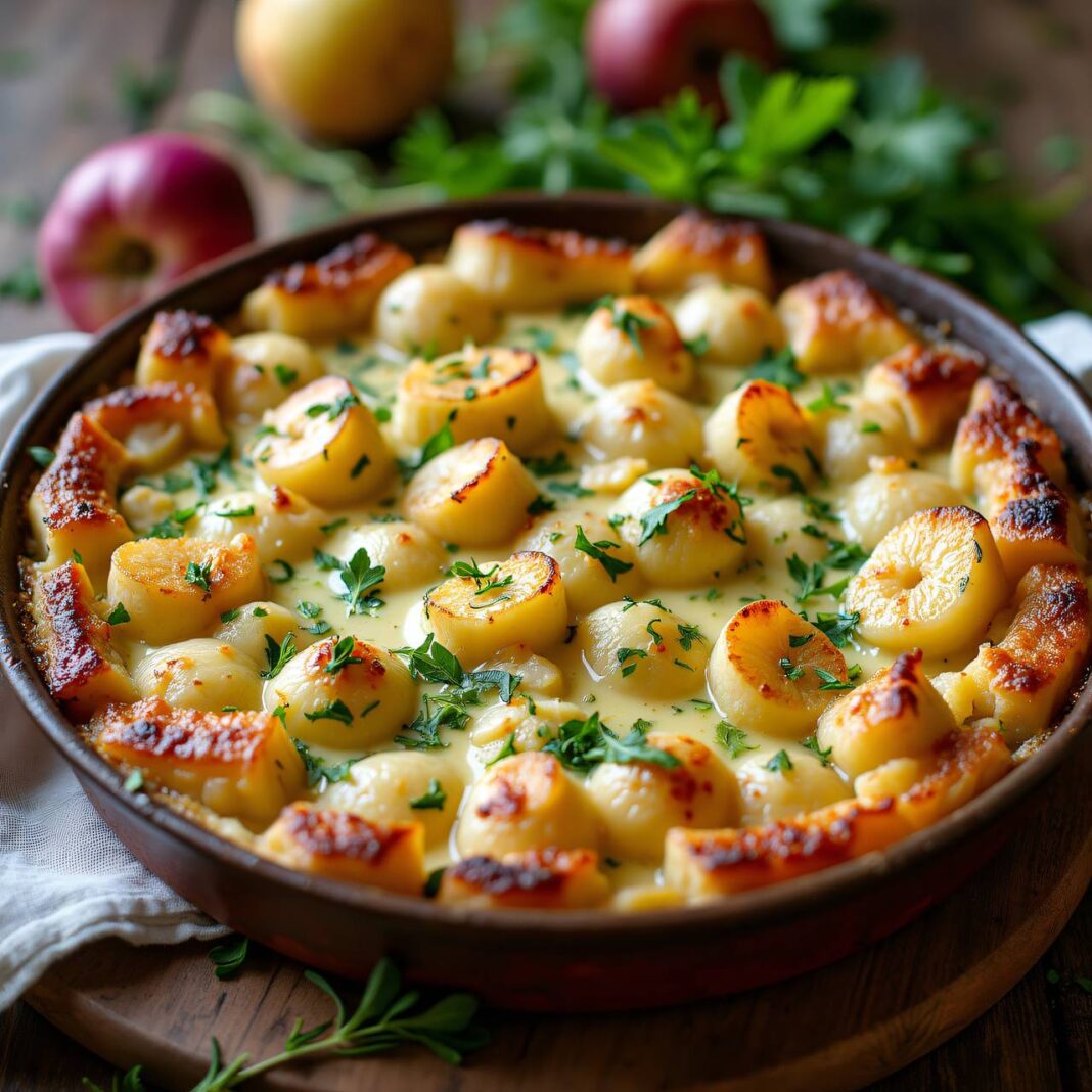 Kräuter-Gnocchi-Gratin mit Birne Rezept Kräuter-Gnocchi-Gratin mit Birne Rezept