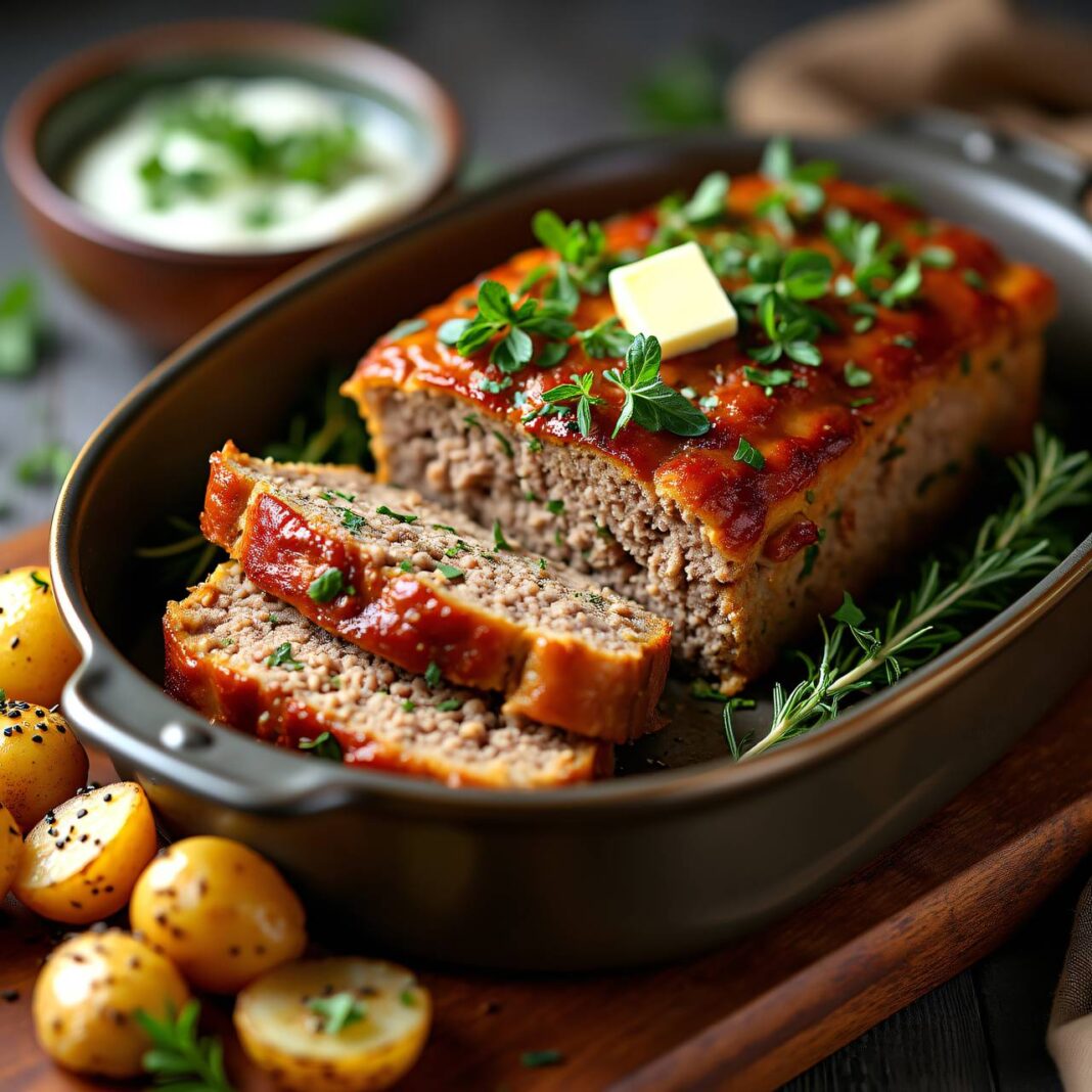 Kräuter-Hackbraten mit Sesam-Kartoffeln und Dip Rezept Kräuter-Hackbraten mit Sesam-Kartoffeln und Dip Rezept