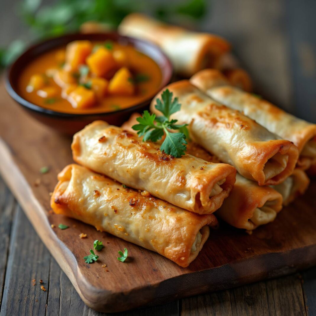 Kräuterseitling-Cremekäse-Frühlingsrollen mit Kürbis-Chutney Rezept Kräuterseitling-Cremekäse-Frühlingsrollen mit Kürbis-Chutney Rezept