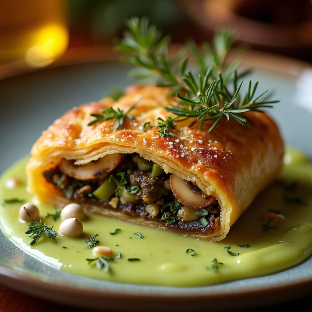 Krautstiel-Pilz-Strudel an Kerbelsauce Rezept Krautstiel-Pilz-Strudel an Kerbelsauce Rezept