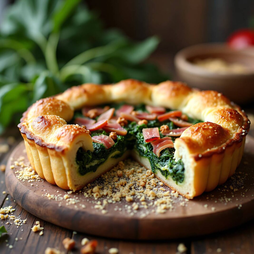 Krautstielblechkuchen mit Rohessspeck und Käse Rezept Krautstielblechkuchen mit Rohessspeck und Käse Rezept