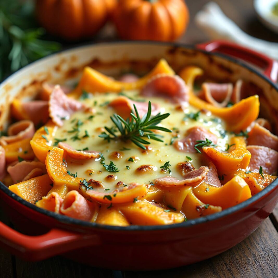 Kürbis-Gratin mit Schinken und Pasta Rezept Kürbis-Gratin mit Schinken und Pasta Rezept