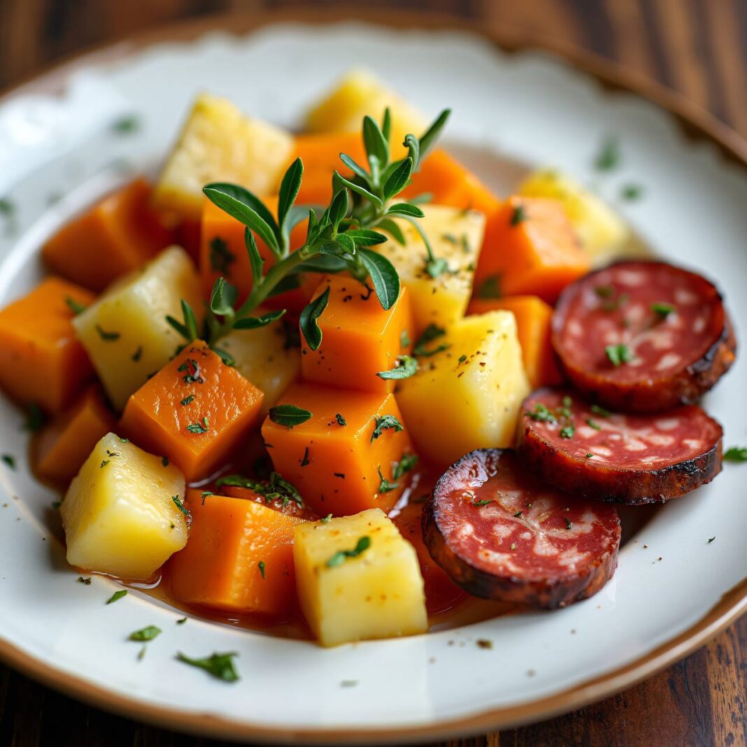 Kürbis-Kartoffelgemüse mit Wurst Rezept Kürbis-Kartoffelgemüse mit Wurst Rezept