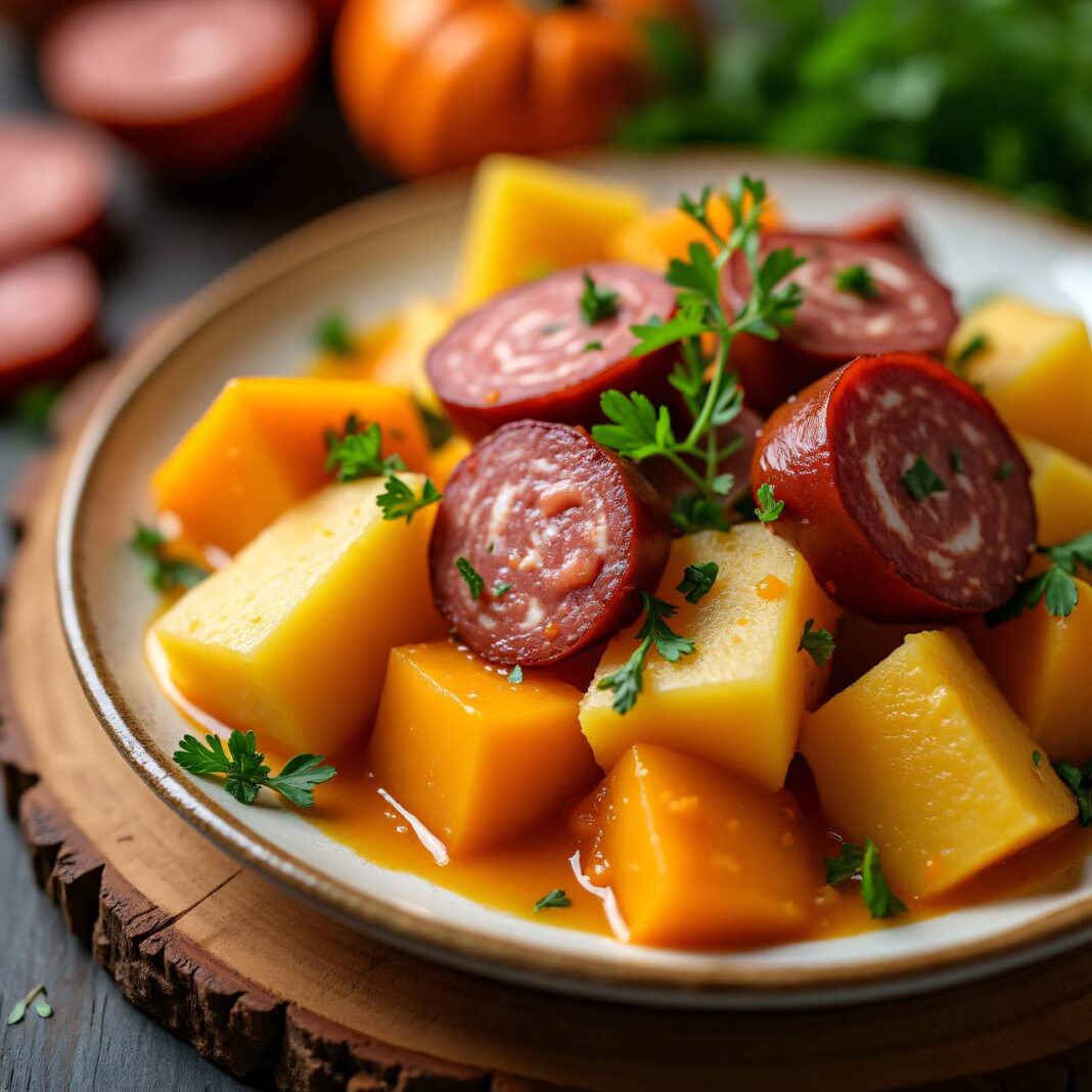 Kürbis-Kartoffeln mit Wurst Rezept Kürbis-Kartoffeln mit Wurst Rezept