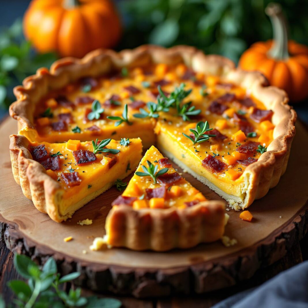 Kürbisblechkuchen mit Speck Rezept Kürbisblechkuchen mit Speck Rezept