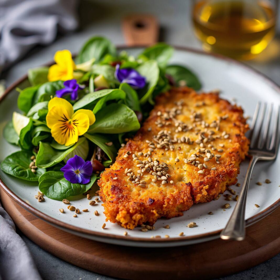 Kürbiskernschnitzel mit Mischsalat Rezept Kürbiskernschnitzel mit Mischsalat Rezept
