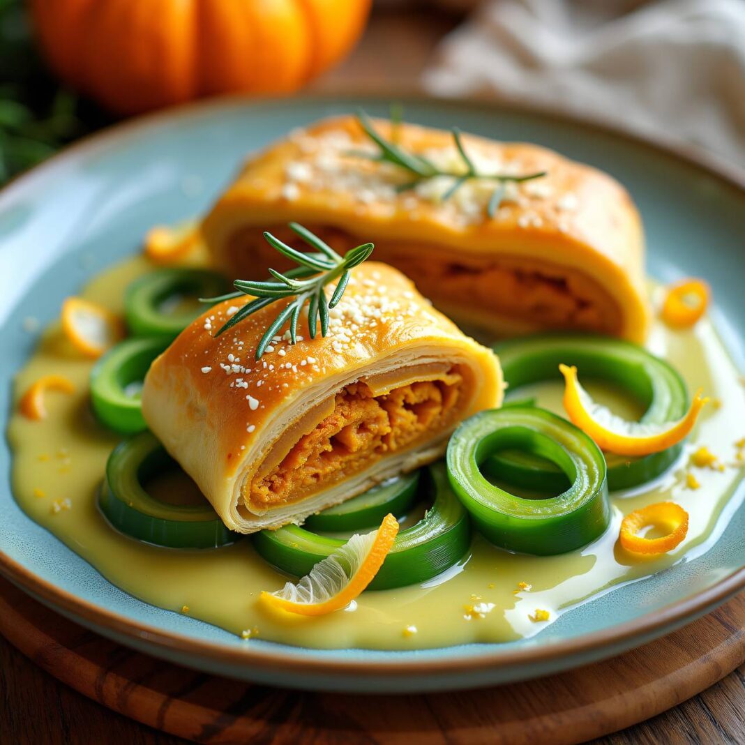Kürbisstrudel auf Lauchgemüse Rezept Kürbisstrudel auf Lauchgemüse Rezept
