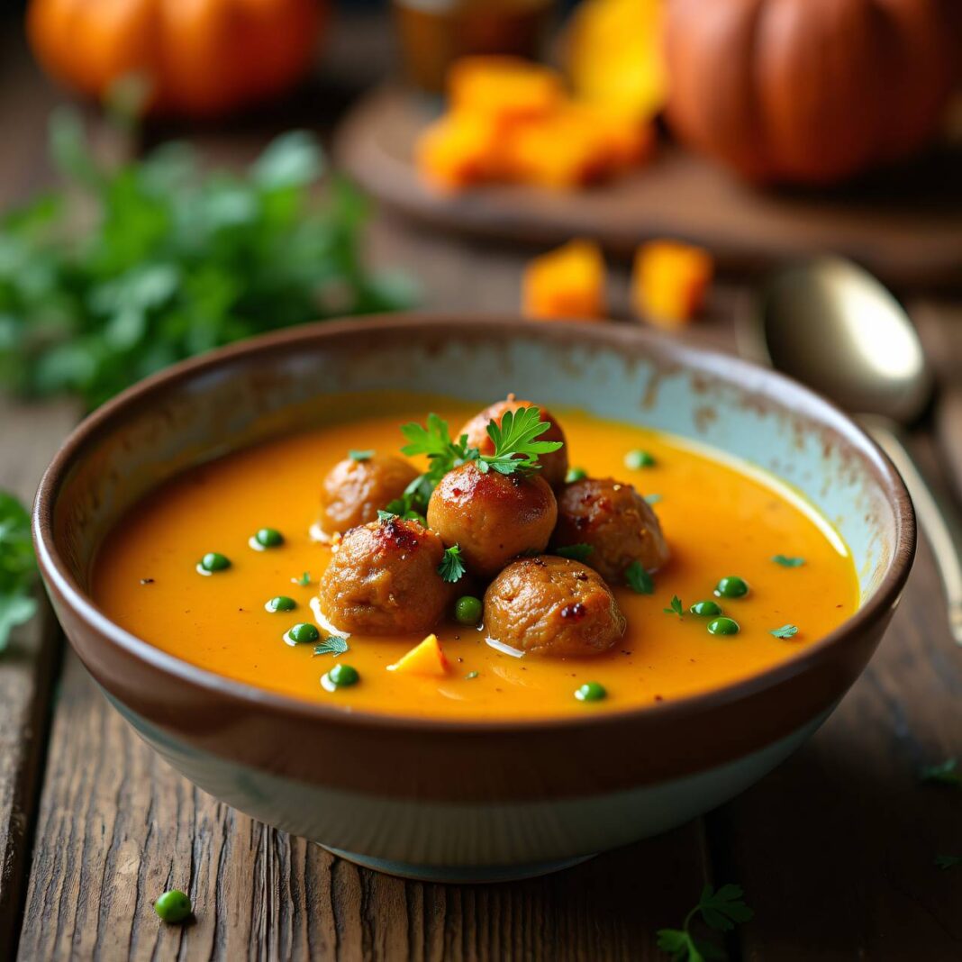 Kürbissuppe mit Bratwurst-Kügelchen Rezept Kürbissuppe mit Bratwurst-Kügelchen Rezept