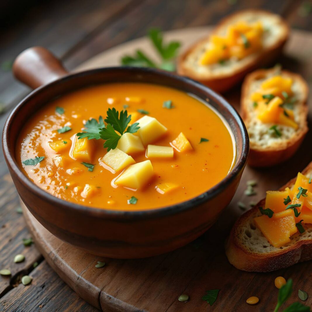 Kürbissuppe mit Käse-Crostini Rezept Kürbissuppe mit Käse-Crostini Rezept