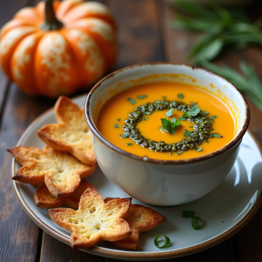 Kürbissuppe mit Kürbiskernpesto Rezept Kürbissuppe mit Kürbiskernpesto Rezept