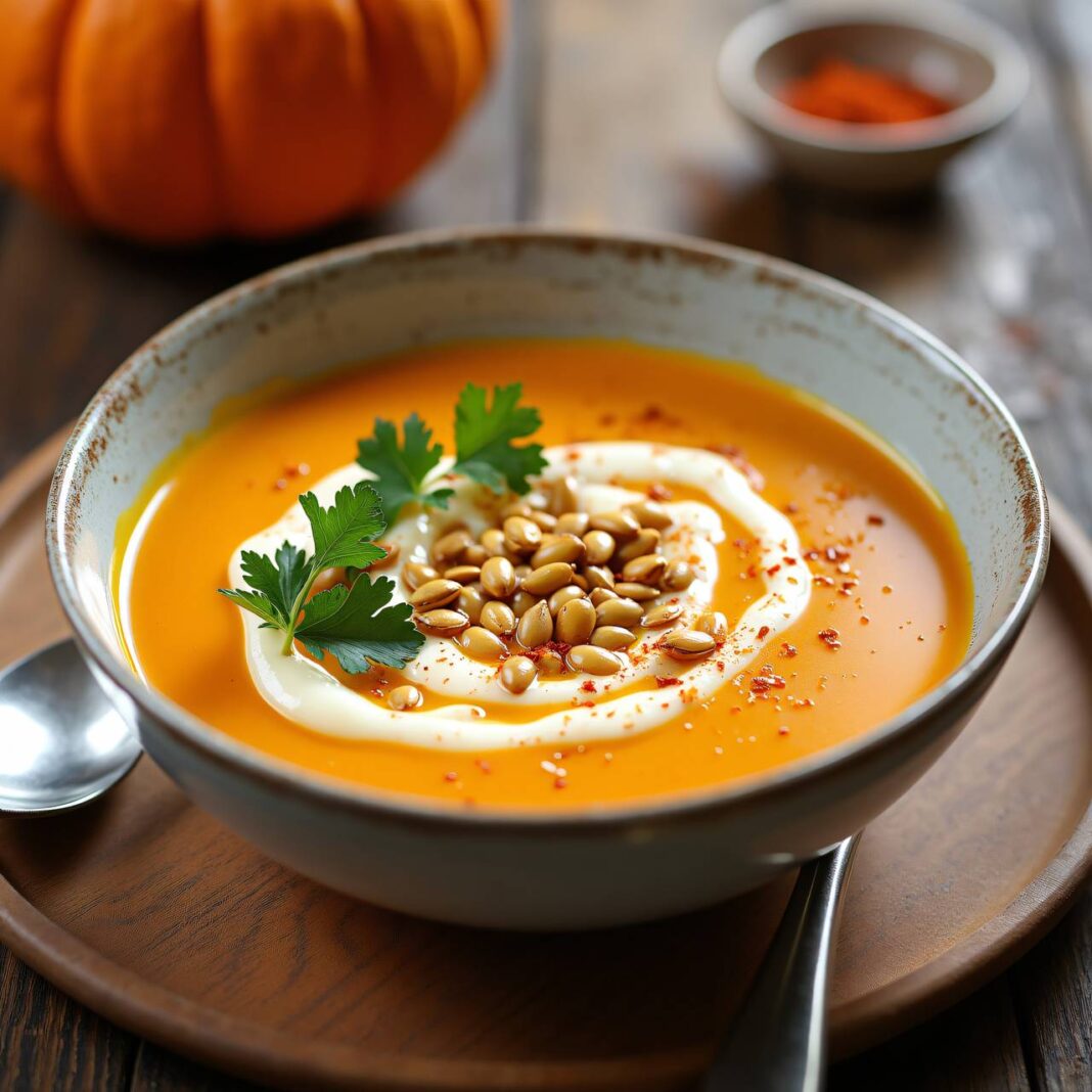 Kürbissuppe mit Vanille-Honig-Schaum und Honig-Kernen Rezept Kürbissuppe mit Vanille-Honig-Schaum und Honig-Kernen Rezept