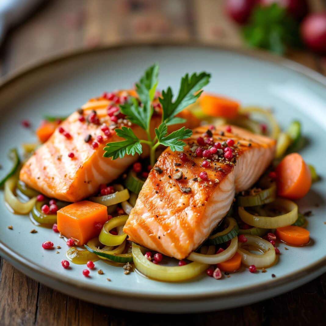 Lachsforellenfilets auf Gemüse Rezept Lachsforellenfilets auf Gemüse Rezept