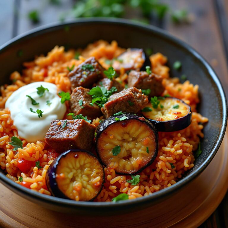 Lamm-Reispfanne mit Auberginen Rezept