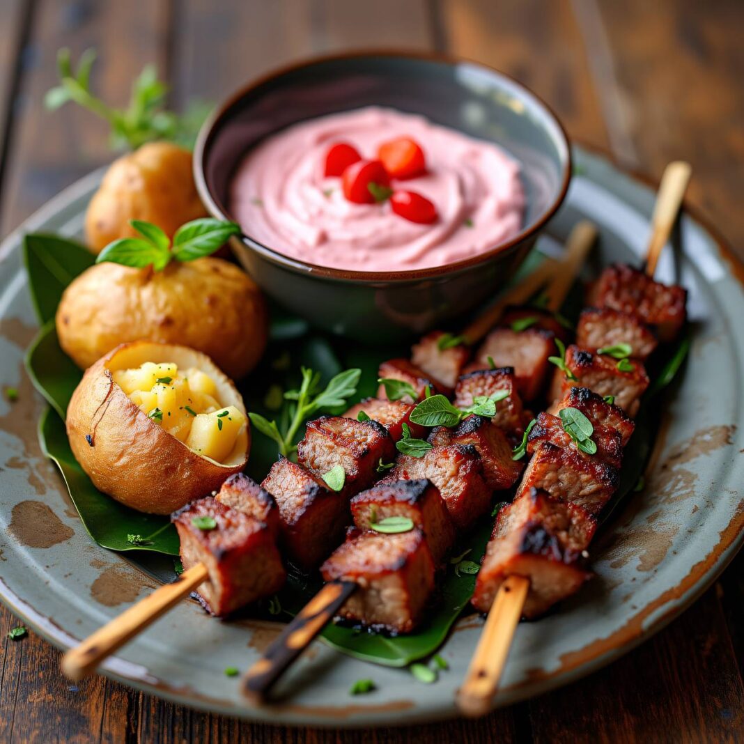 Lammspieße vom Grill mit Baked Potatoes und Dip Rezept Lammspieße vom Grill mit Baked Potatoes und Dip Rezept