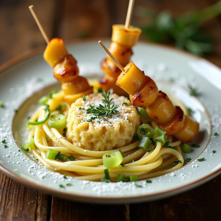 Lauch-Hörnchen-Nudeln mit Schinkenspießen Rezept