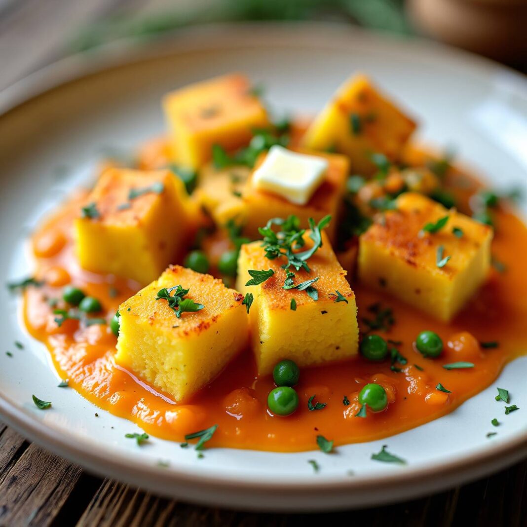 Lauch-Polenta-Schnitten an Karotten-Erbsen-Sauce Rezept Lauch-Polenta-Schnitten an Karotten-Erbsen-Sauce Rezept