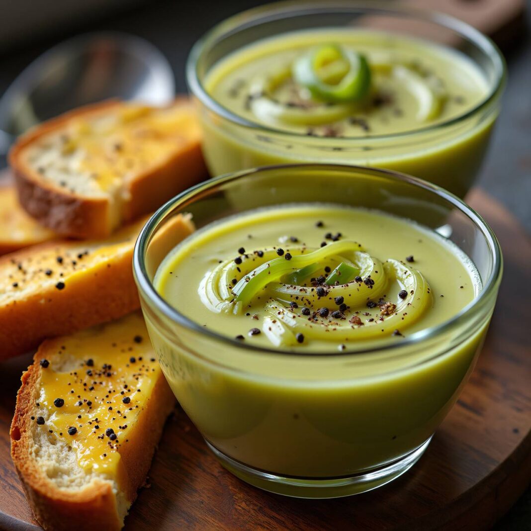 Lauchsuppe mit Pfeffer-Käse-Toast Rezept Lauchsuppe mit Pfeffer-Käse-Toast Rezept