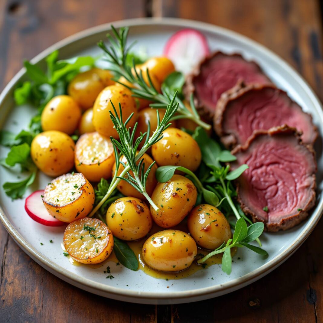 Lauwarmer Bratkartoffelsalat mit Rinderfilet Rezept Lauwarmer Bratkartoffelsalat mit Rinderfilet Rezept
