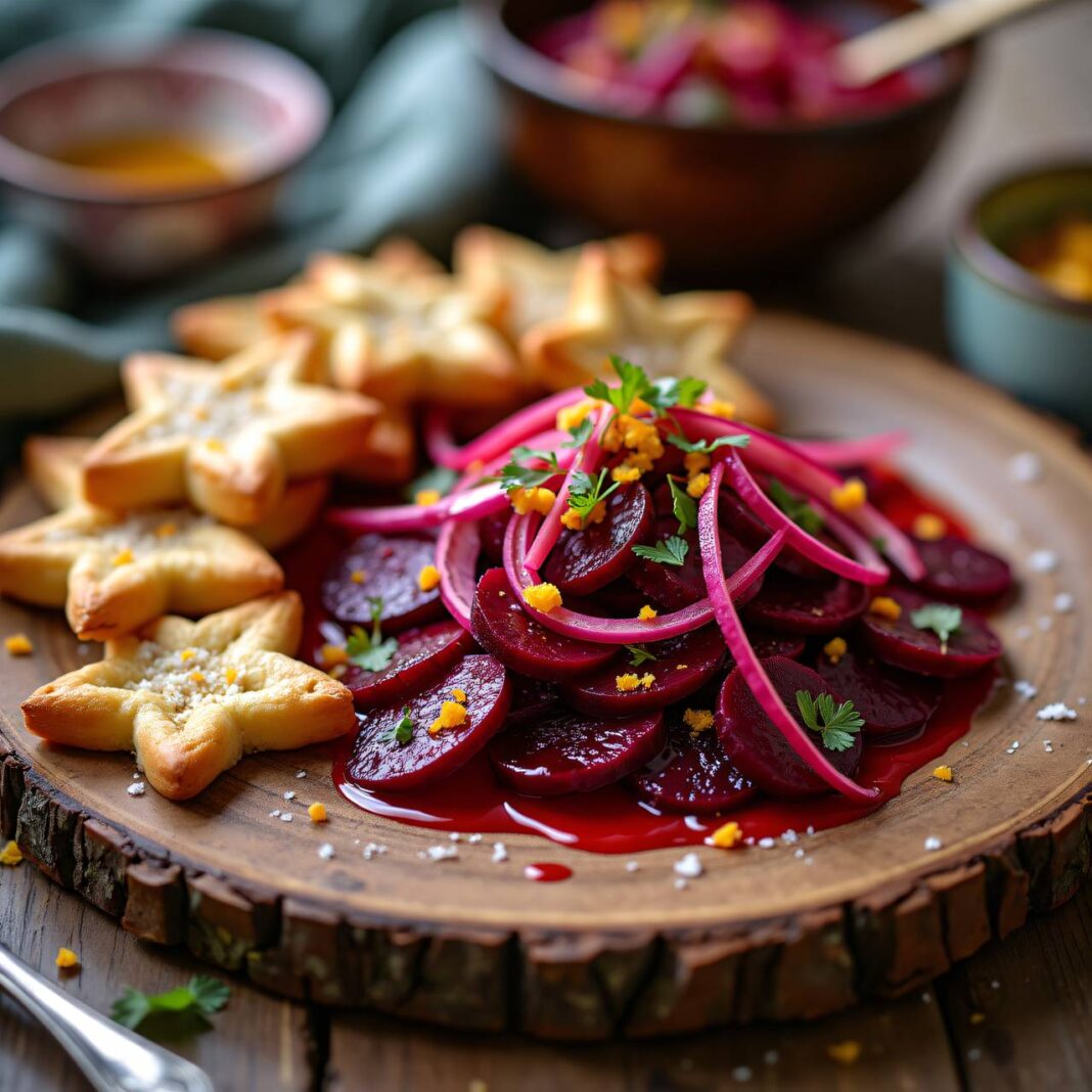Lauwarmer rote Rübensalat mit Blätterteigsternen Rezept Lauwarmer rote Rübensalat mit Blätterteigsternen Rezept