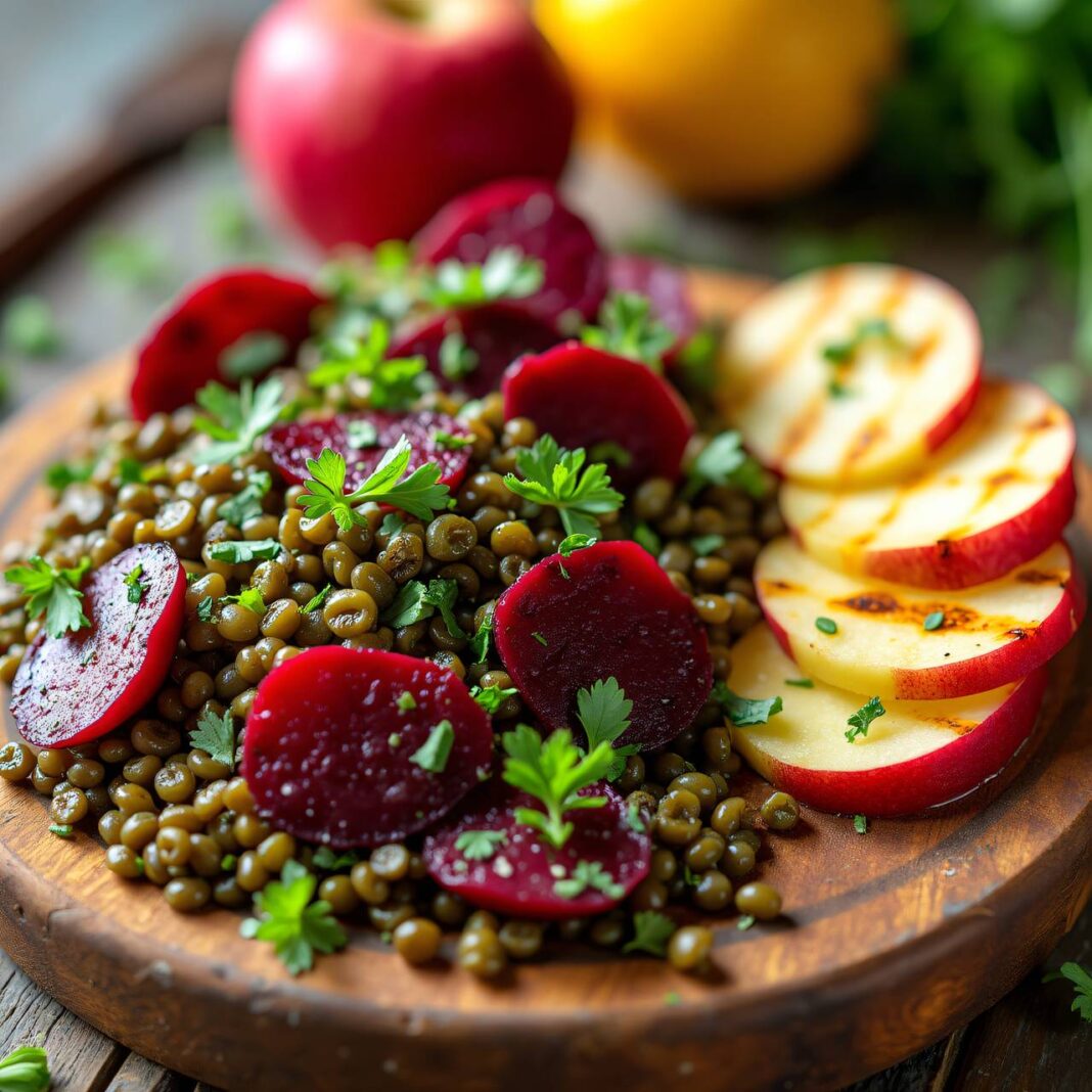 Linsen-Apfel-rote Rübensalat mit Grillkäse Rezept Linsen-Apfel-rote Rübensalat mit Grillkäse Rezept